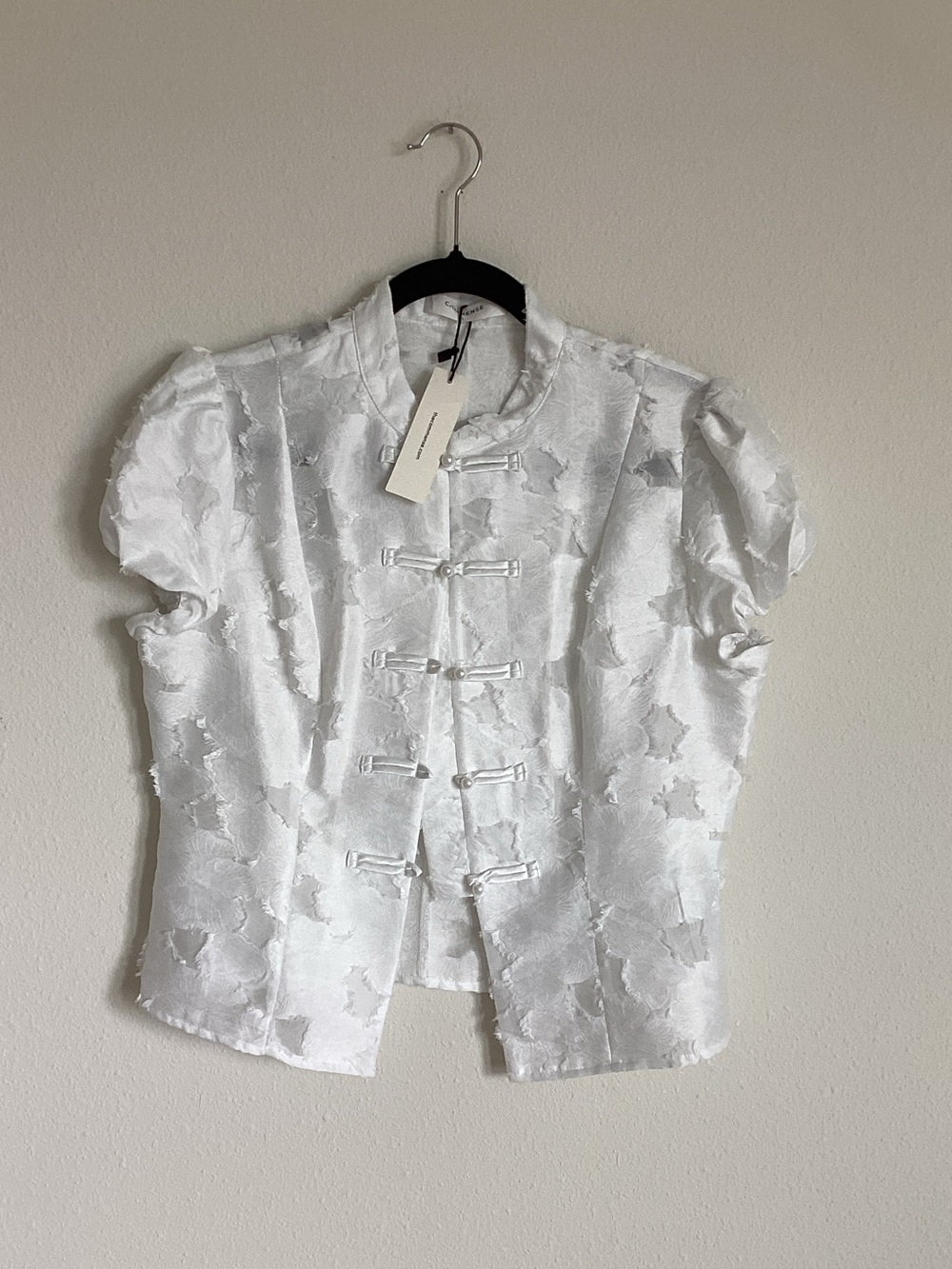 White Jacquard Short-Sleeve Mandarin Shirt